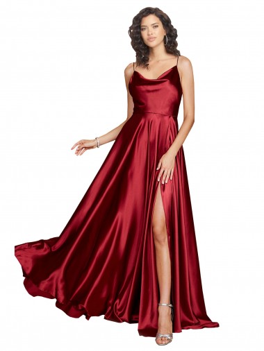 Cheap Sleeveless Cowl Neck Silky Satin Burgundy Long Black Tie Formal Dresses Canada