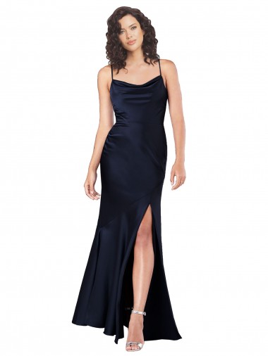 Cheap Sleeveless Cowl Neck Silky Satin Dark Navy Long Black Tie Formal Dress Canada