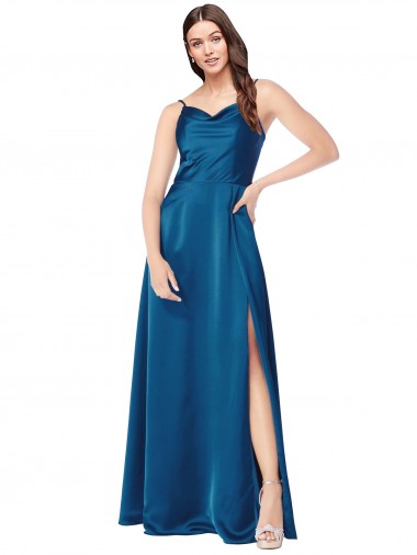 Cheap Sleeveless Cowl Neck Silky Satin Peacock Blue Long Formal Dress Canada