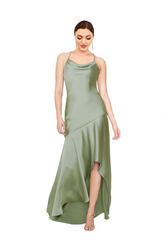 Cheap Sleeveless Cowl Neck Silky Satin Smoke Green Long High Low Formal Dress Canada