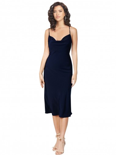 Cheap Sleeveless Cowl Neck Silky Satin Dark Navy Midi Length Formal Dress Canada
