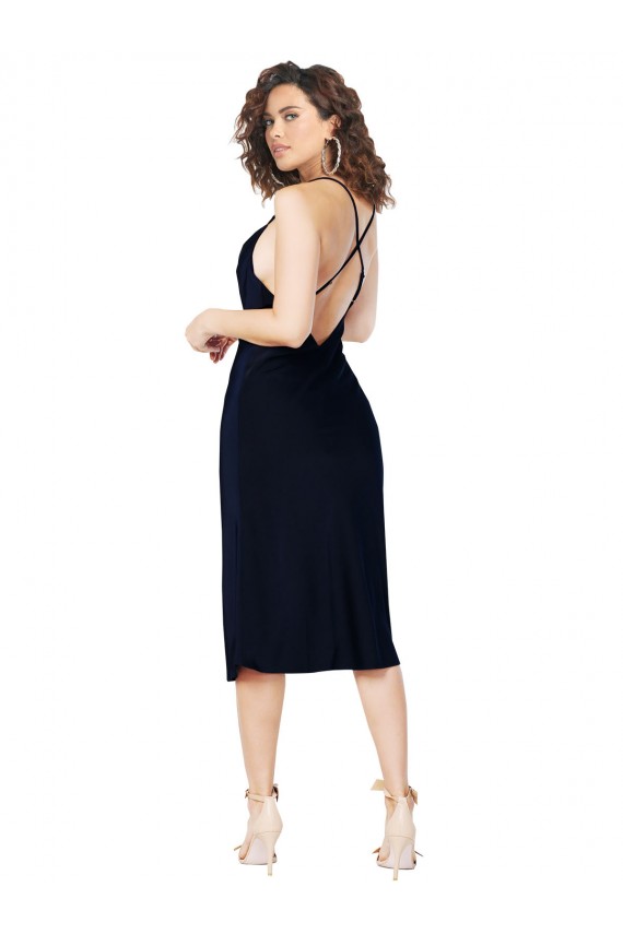 Cheap Sleeveless Cowl Neck Silky Satin Dark Navy Midi Length Formal Dress Canada