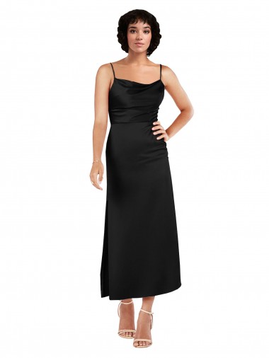 Cheap Sleeveless Cowl Neck Silky Satin Black Tea Length Formal Dress Canada
