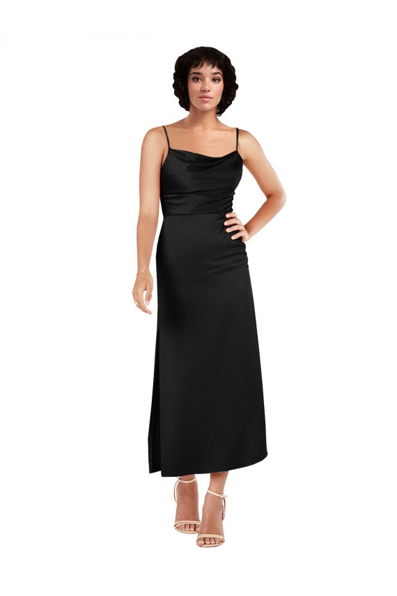 Cheap Sleeveless Cowl Neck Silky Satin Black Tea Length Formal Dress Canada