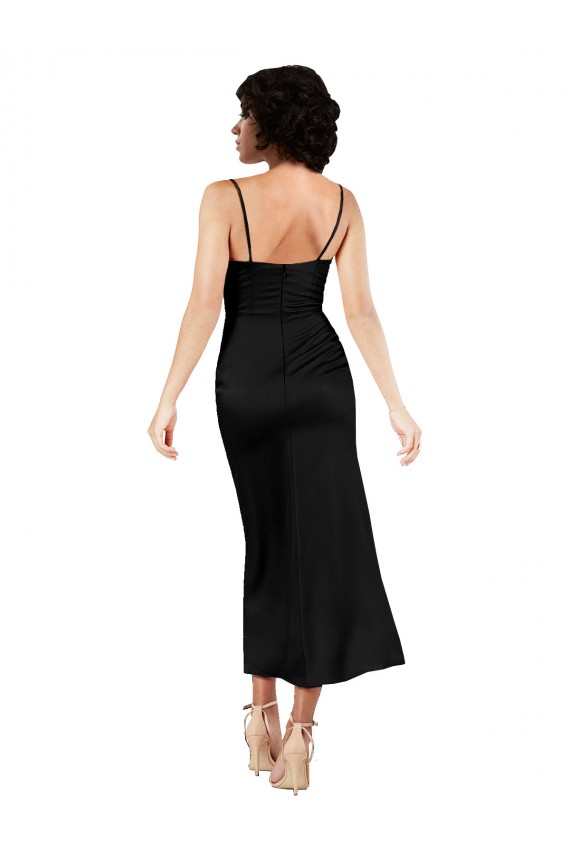Cheap Sleeveless Cowl Neck Silky Satin Black Tea Length Formal Dress Canada