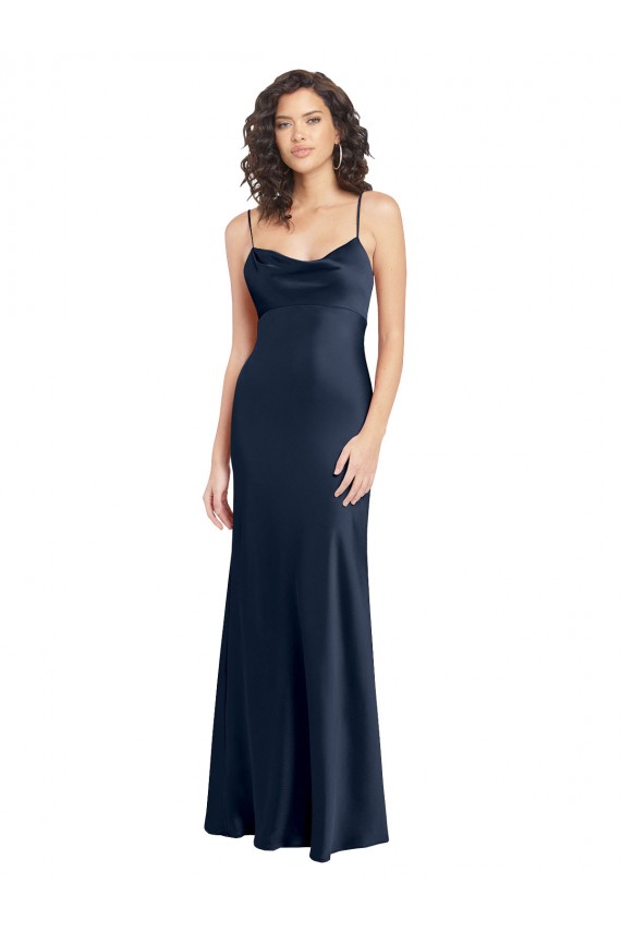 Cheap Sleeveless Cowl Neck Stretch Satin Dark Navy Long Black Tie Formal Dress Canada