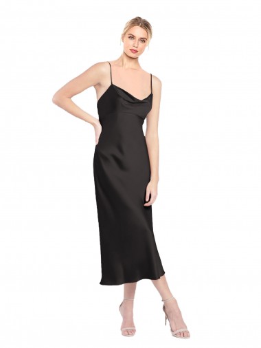 Cheap Sleeveless Cowl Neck Stretch Satin Black Midi Length Formal Dress Canada