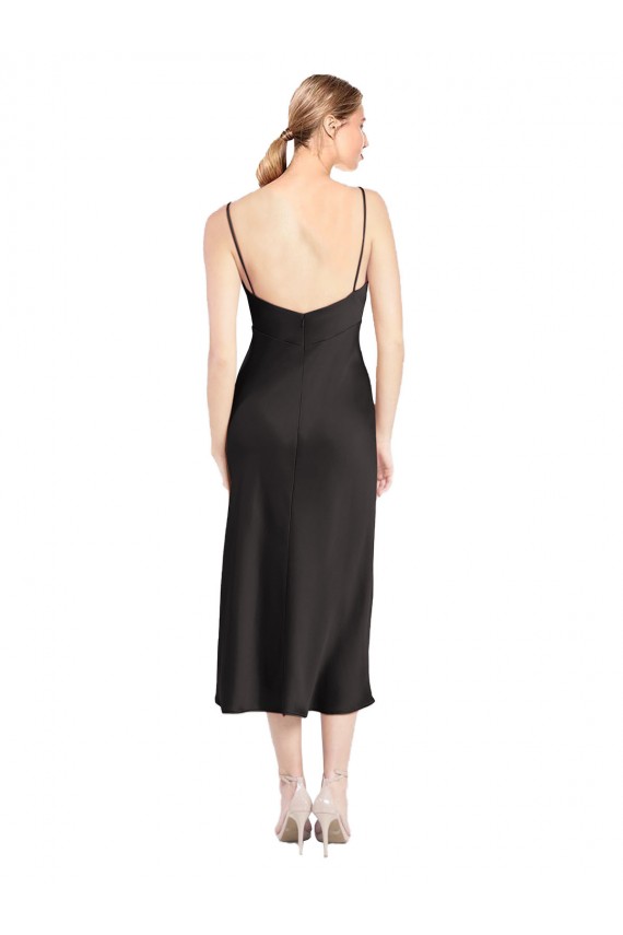 Cheap Sleeveless Cowl Neck Stretch Satin Black Midi Length Formal Dress Canada