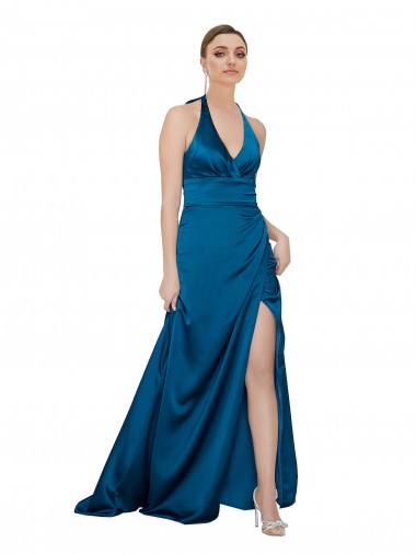 Cheap Sleeveless Halter Neck Silky Satin Peacock Blue Long Formal Dress Canada