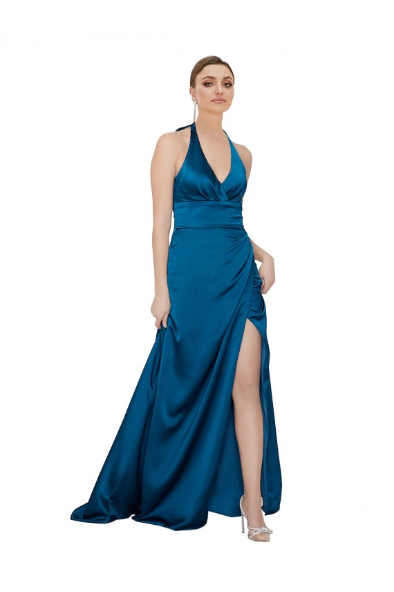 Cheap Sleeveless Halter Neck Silky Satin Peacock Blue Long Formal Dress Canada