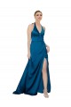 Cheap Sleeveless Halter Neck Silky Satin Peacock Blue Long Formal Dress Canada