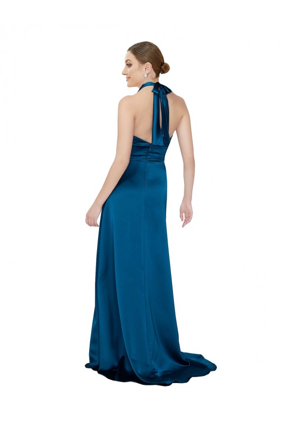 Cheap Sleeveless Halter Neck Silky Satin Peacock Blue Long Formal Dress Canada