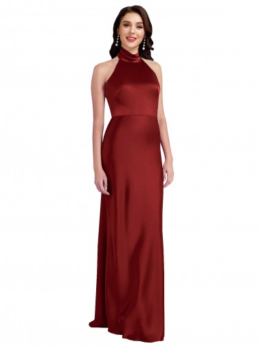 Cheap Sleeveless Halter Neck Stretch Satin Burgundy Long Black Tie Formal Dress Canada