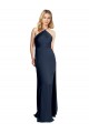 Cheap Sleeveless Halter Neck Stretch Satin Dark Navy Long Formal Dresses Canada