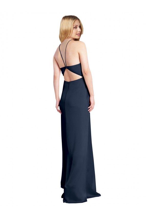 Cheap Sleeveless Halter Neck Stretch Satin Dark Navy Long Formal Dresses Canada
