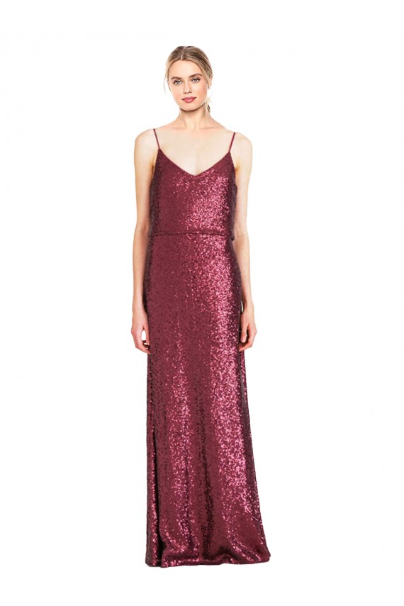 Cheap Sleeveless High Neck Sequin Burgundy Long Formal Dress Canada