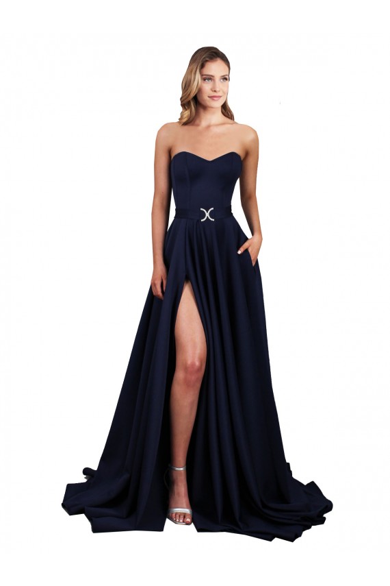 Cheap Sleeveless High Neck Stretch Crepe Dark Navy Long Formal Dress Canada