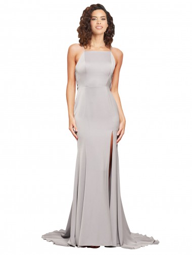 Cheap Sleeveless High Neck Stretch Satin Sweep Train Formal Dress Canada