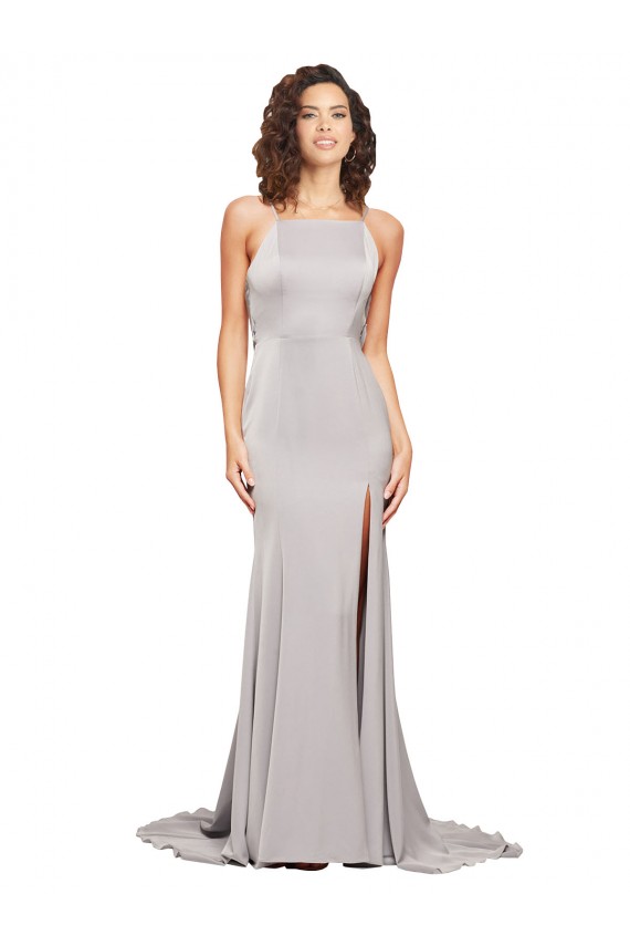 Cheap Sleeveless High Neck Stretch Satin Sweep Train Formal Dress Canada