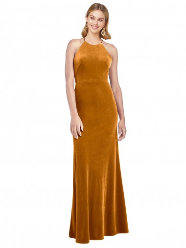 Cheap Sleeveless High Neck Stretch Velvet Gold Long Formal Dress Canada