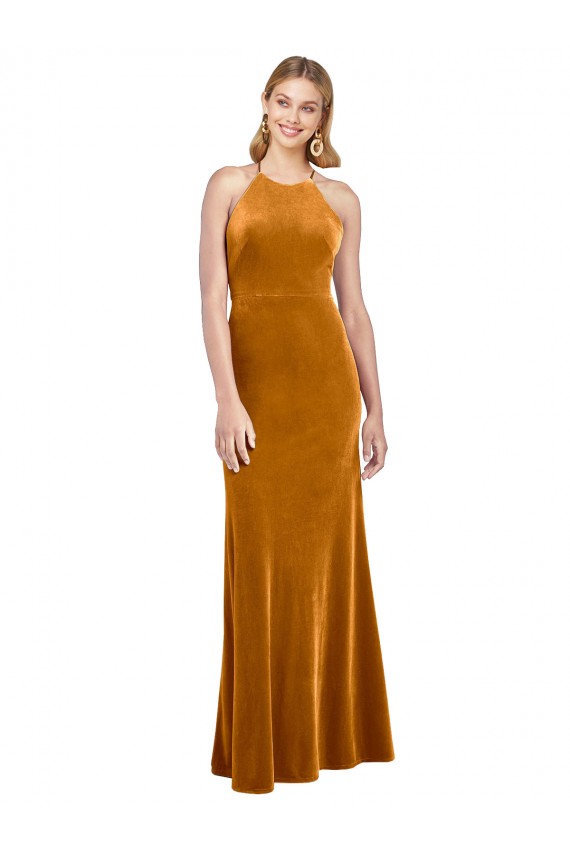 Cheap Sleeveless High Neck Stretch Velvet Gold Long Formal Dress Canada