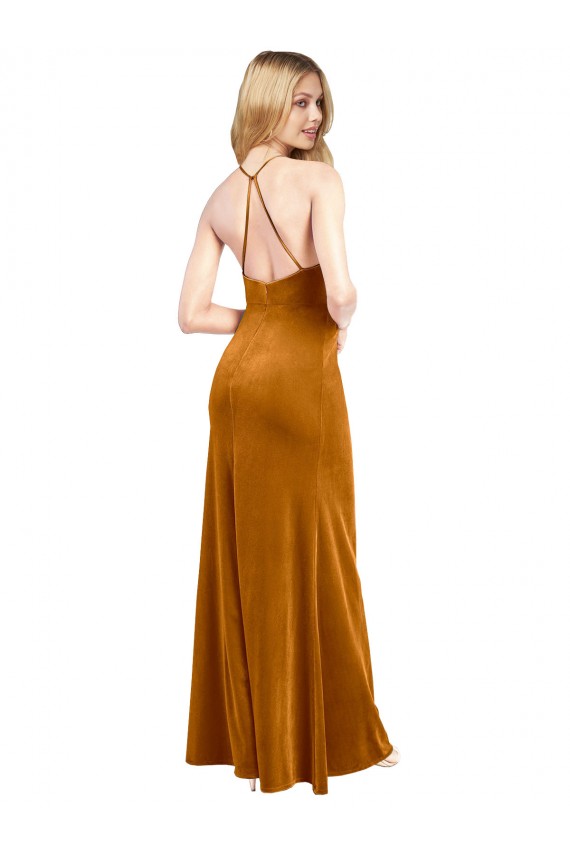 Cheap Sleeveless High Neck Stretch Velvet Gold Long Formal Dress Canada
