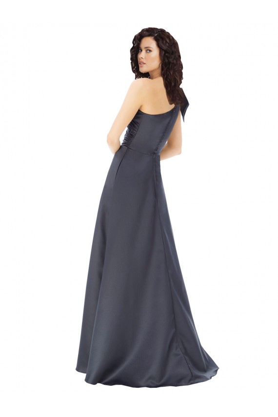 Cheap Sleeveless One Shoulder Satin Slate Grey Long Formal Dress Canada