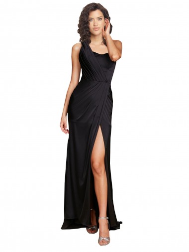 Cheap Sleeveless One Shoulder Silky Satin Black Long Formal Dress Canada