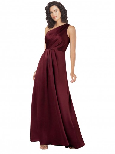Cheap Sleeveless One Shoulder Silky Satin Burgundy Long Formal Dress Canada