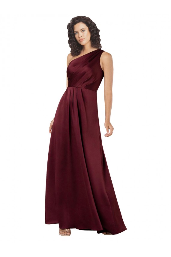 Cheap Sleeveless One Shoulder Silky Satin Burgundy Long Formal Dress Canada