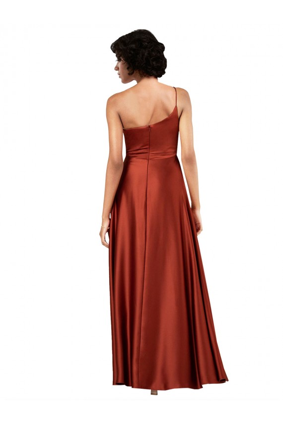 Cheap Sleeveless One Shoulder Silky Satin Burnt Orange Long Black Tie Formal Dress Canada