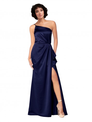 Cheap Sleeveless One Shoulder Silky Satin Sapphire Long Black Tie Formal Dress Canada