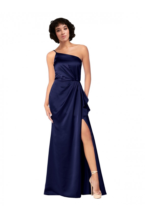 Cheap Sleeveless One Shoulder Silky Satin Sapphire Long Black Tie Formal Dress Canada