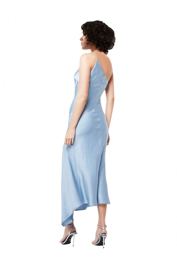 Cheap Sleeveless One Shoulder Silky Satin Light Sky Blue Midi Length Formal Dress Canada