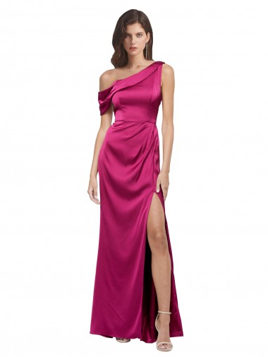 Cheap Sleeveless One Shoulder Stretch Satin Fuchsia Long Formal Dress Canada