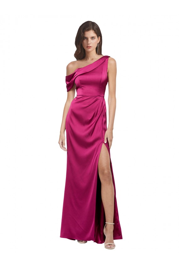 Cheap Sleeveless One Shoulder Stretch Satin Fuchsia Long Formal Dress Canada