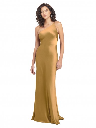 Cheap Sleeveless One Shoulder Stretch Satin Gold Long Formal Dress Canada