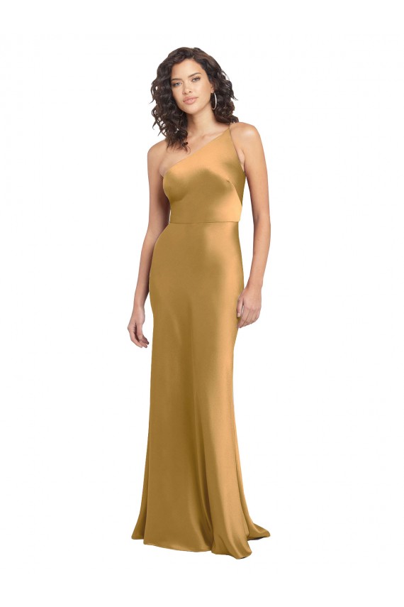 Cheap Sleeveless One Shoulder Stretch Satin Gold Long Formal Dress Canada