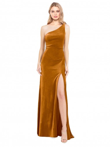 Cheap Sleeveless One Shoulder Stretch Velvet Gold Long Formal Dress Canada