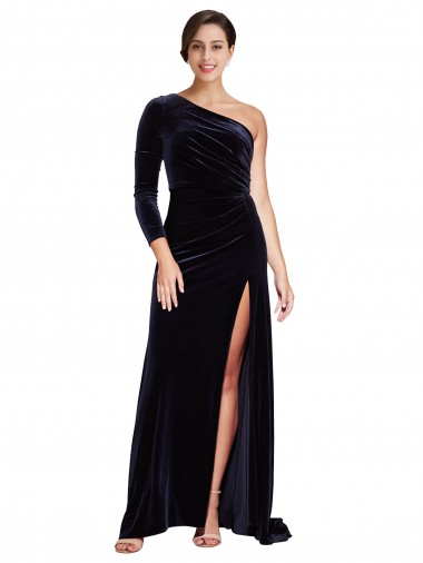 Cheap Long Sleeves One Shoulder Stretch Velvet Dark Navy Sweep Train Formal Dress Canada