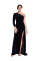 Cheap Long Sleeves One Shoulder Stretch Velvet Dark Navy Sweep Train Formal Dress Canada