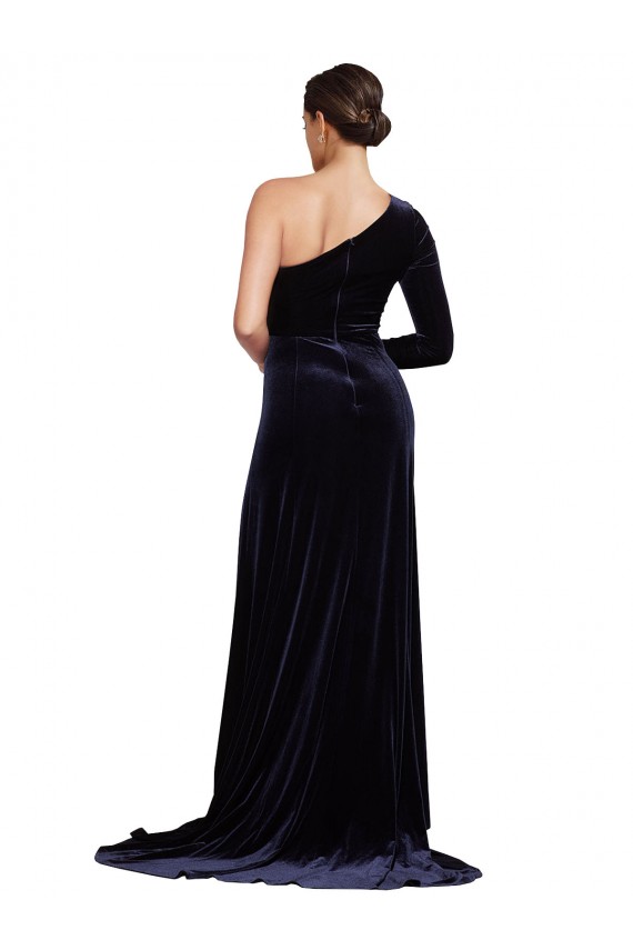 Cheap Long Sleeves One Shoulder Stretch Velvet Dark Navy Sweep Train Formal Dress Canada