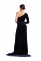 Cheap Long Sleeves One Shoulder Stretch Velvet Dark Navy Sweep Train Formal Dress Canada