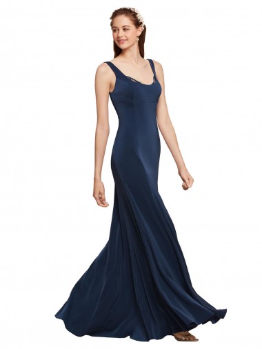 Cheap Sleeveless Round Neck Stretch Crepe Dark Navy Long Formal Dress Canada