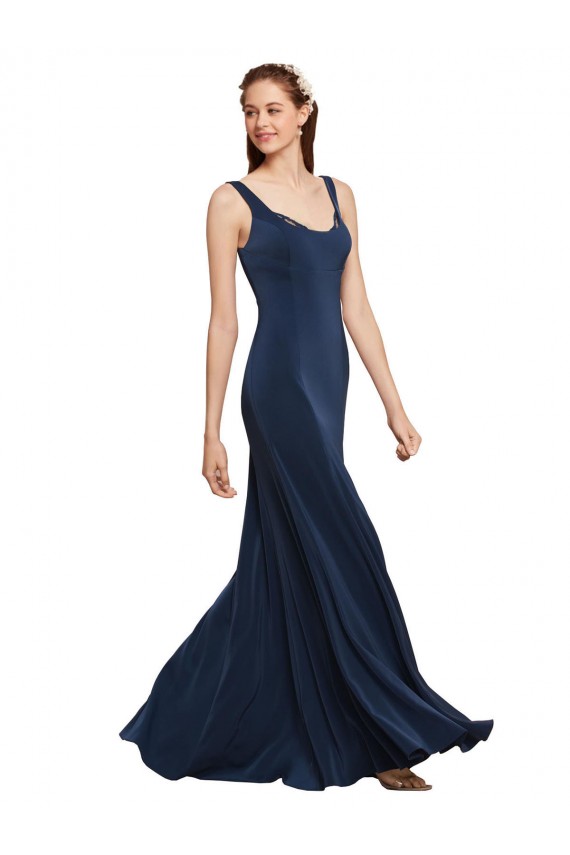 Cheap Sleeveless Round Neck Stretch Crepe Dark Navy Long Formal Dress Canada