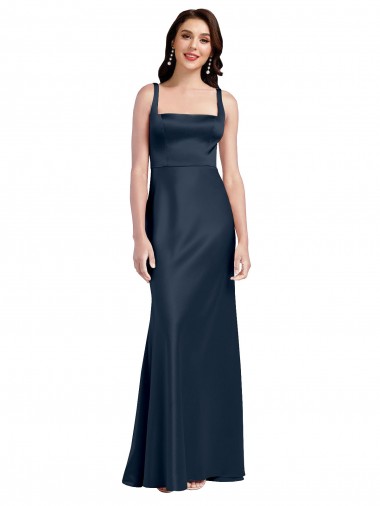 Cheap Sleeveless Square Neck Stretch Satin Dark Navy Long Formal Dress Canada