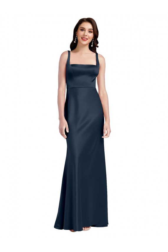 Cheap Sleeveless Square Neck Stretch Satin Dark Navy Long Formal Dress Canada