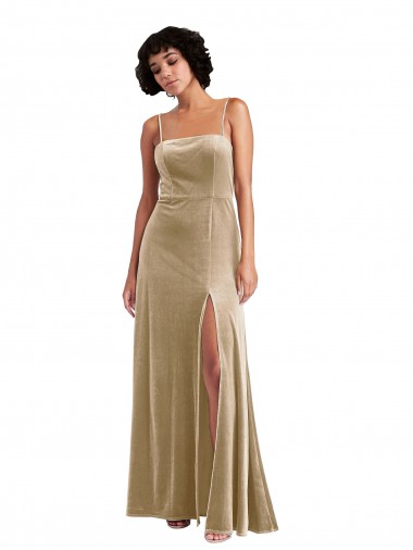 Cheap Sleeveless Square Neck Stretch Velvet Champagne Long Formal Dress Canada