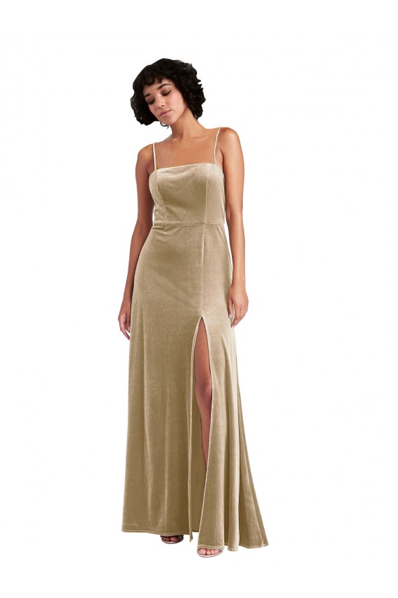 Cheap Sleeveless Square Neck Stretch Velvet Champagne Long Formal Dress Canada