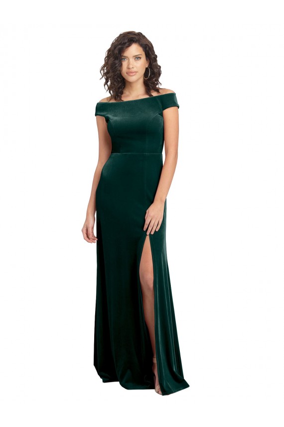 Cheap Cap Sleeves Square Neck Stretch Velvet Dark Green Long Formal Dress Canada